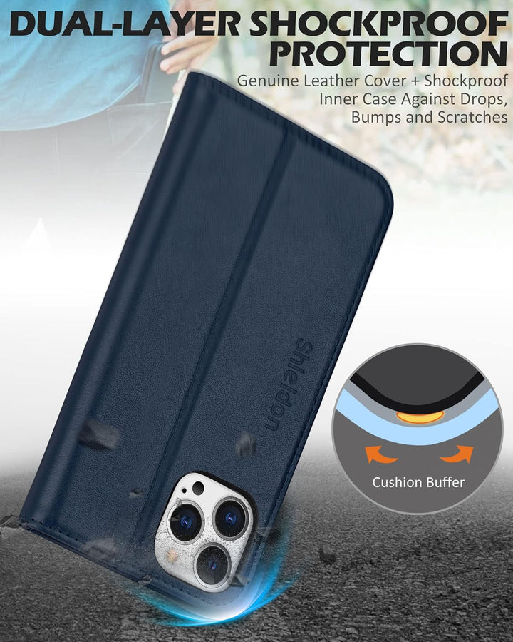 SHIELDON Hülle für iPhone 13 Pro Max, Schuzhülle [Echtleder] [Kartenfach] [Verdichtes TPU] Magnetisc
