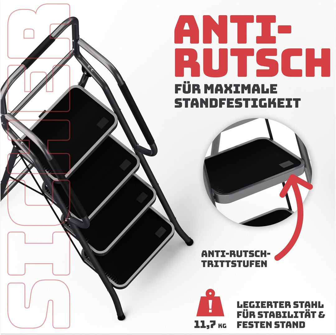 Sicherheitsleiter 4 Stufen Klappbar I TÜV Rheinland Zertifiziert I Belastbar bis 150kg I Anti-Rutsch