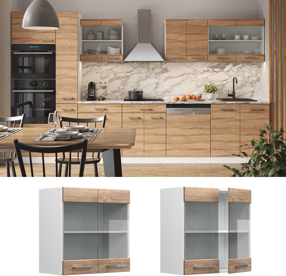 Vicco Küchenschrank Glas R-Line, Sonoma/Weiss, 60 cm Sonoma Hängeglasschrank 60cm, Sonoma Hängeglass