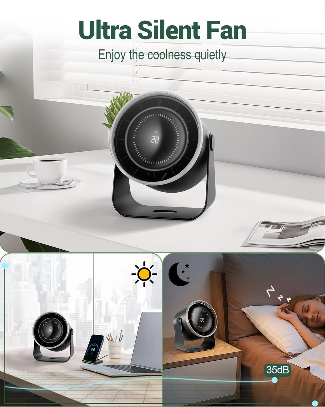 Tisch-Ventilator, 3600mAh Akku, Ultra-leise unter 35dB, 1-100 Stufenlos Geschwindigkeit, 12 m/s Luft