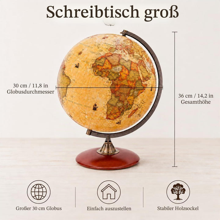 Exerz 30cm Antiker Globus Mit Holzfuss - Englische Karte - Für Kinder Büro Deko - Schülerglobus Mord