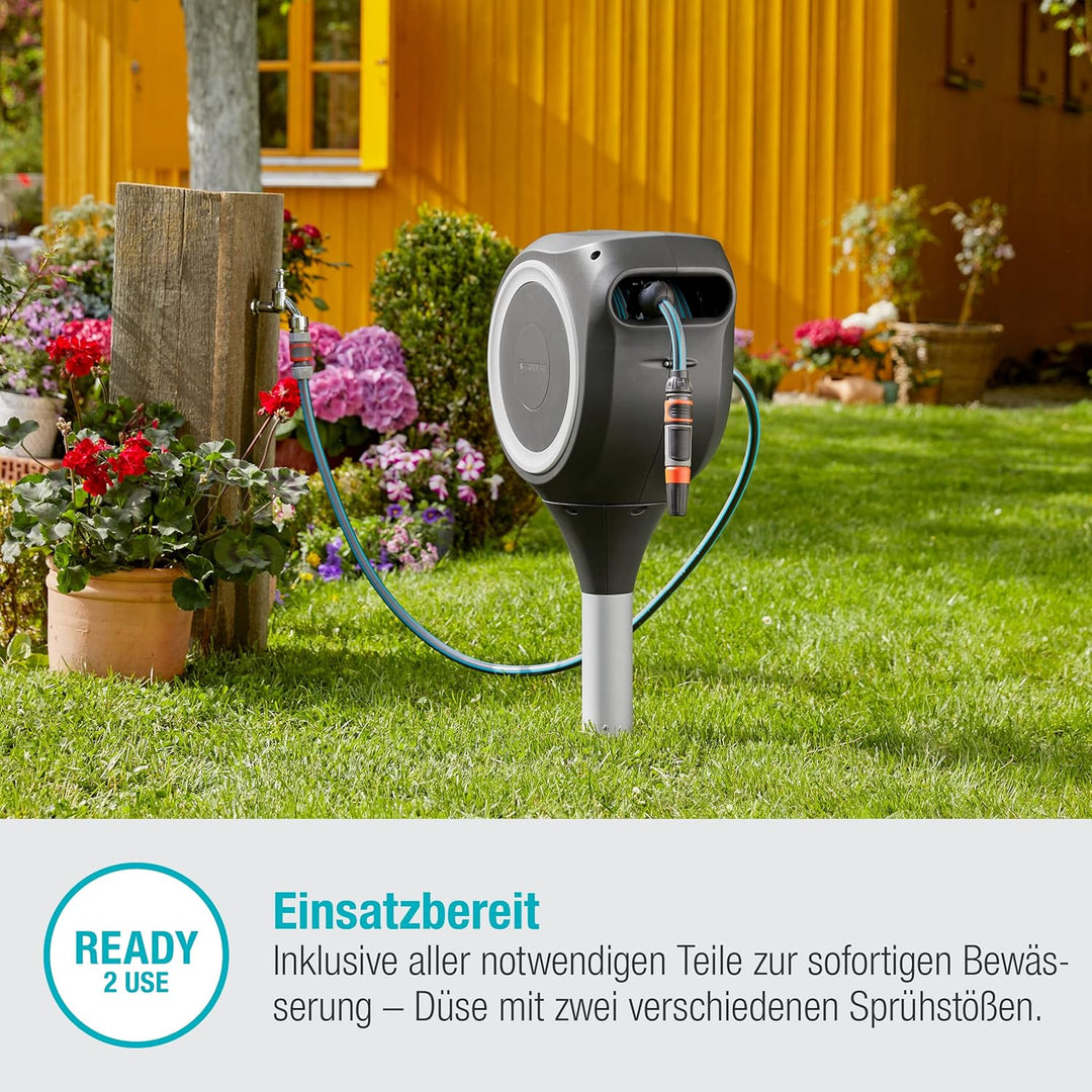 GARDENA Garten-Schlauchbox RollUp M (weiss) 20 m, Schwenkbare Schlauchbox, integrierte Schlauchführu