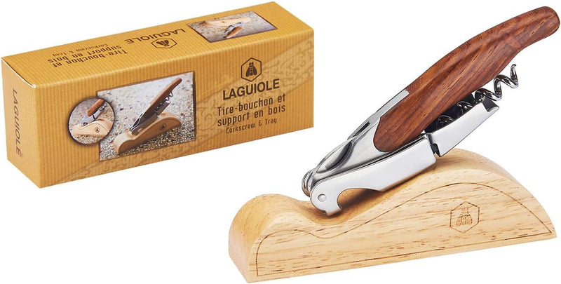 LAGUIOLE - Sommelier Doppelhebel - Edelstahl - Holzgriff - Holzpräsentationshalter - Messer mit Kork