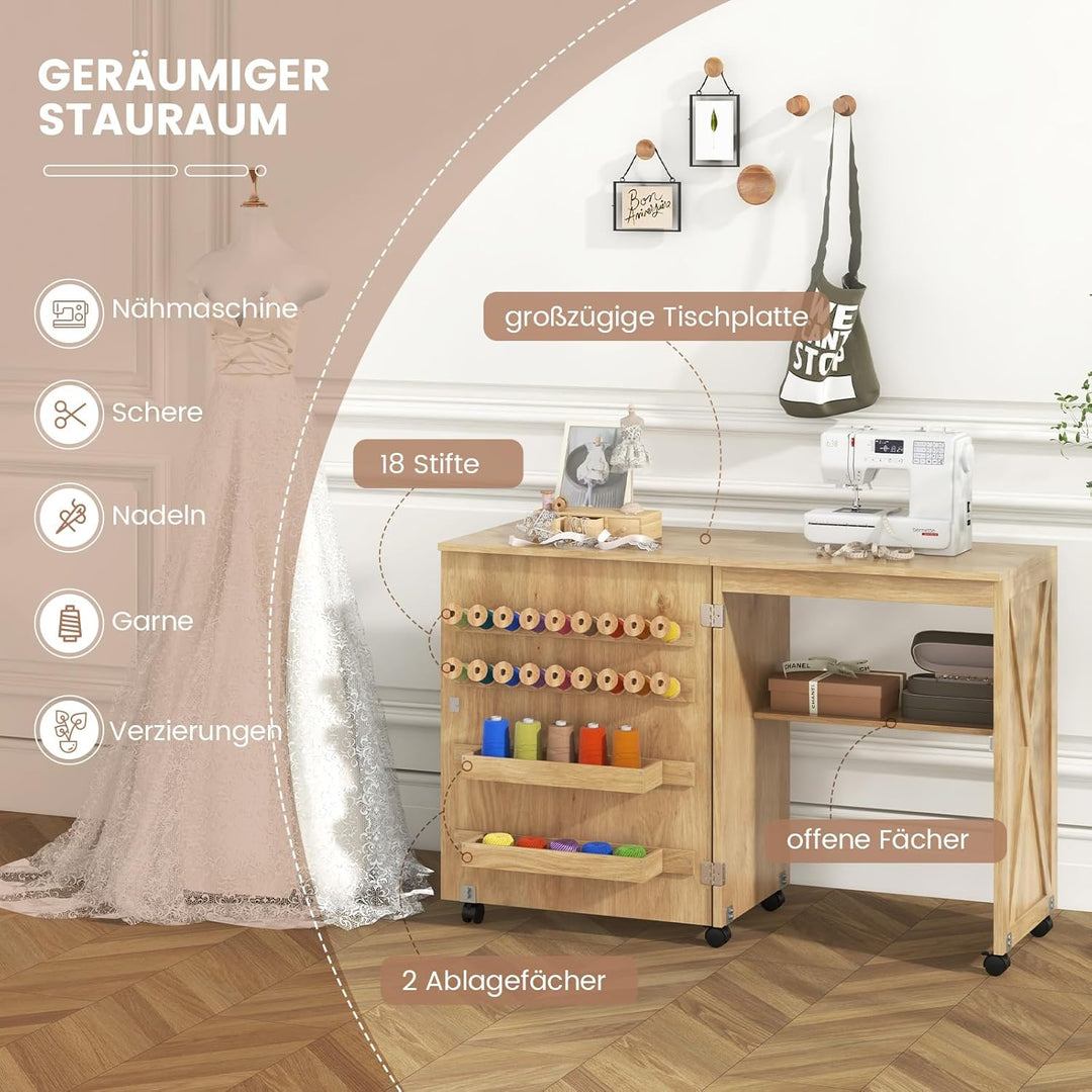 RELAX4LIFE Faltbarer Nähtisch, fahrbare Handwerksstation mit feststellbaren Rollen, Nähmaschinentisc