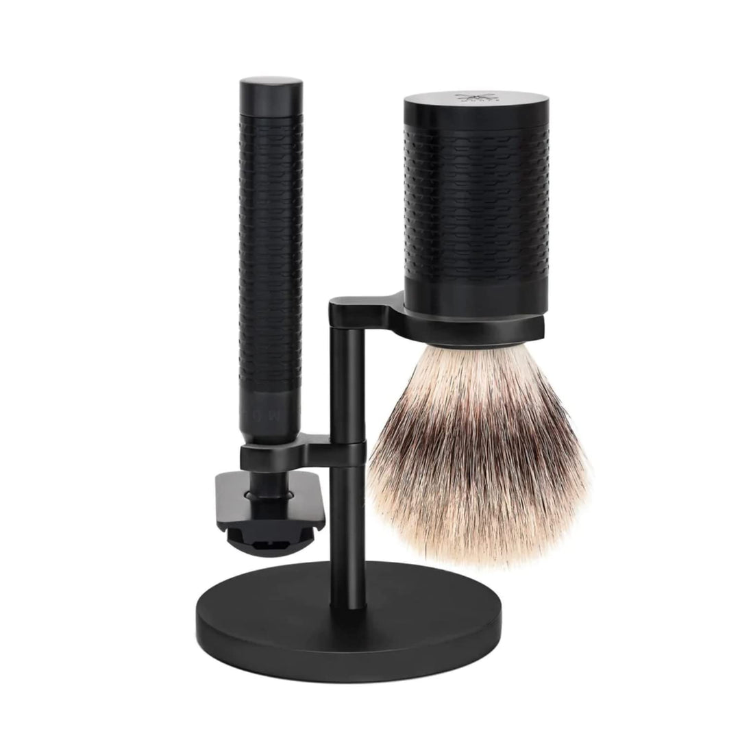 MÜHLE Rocca Rasierset - Silvertip Fibre Pinsel, Rasierhobel, Halter - mattschwarz Edelstahl mit DLC-