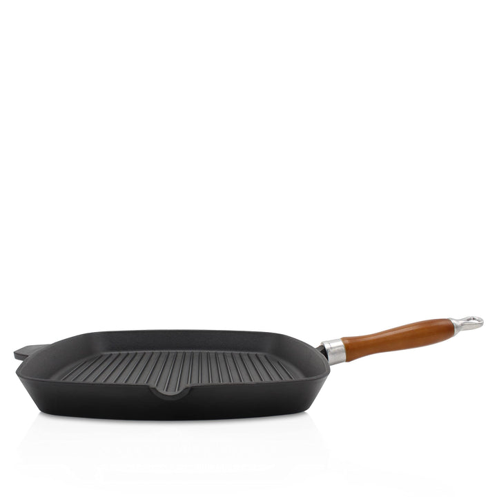 KRÜGER Gusseisen-Grillpfanne mit Holzgriff - 28 x 28 cm - emailliert - hohe Hitzebeständigkeit und l