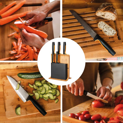 Fiskars Bambus Design-Messerblock mit 5 Messern, Functional Form, Inklusive Gemüsemesser, Tomatenmes
