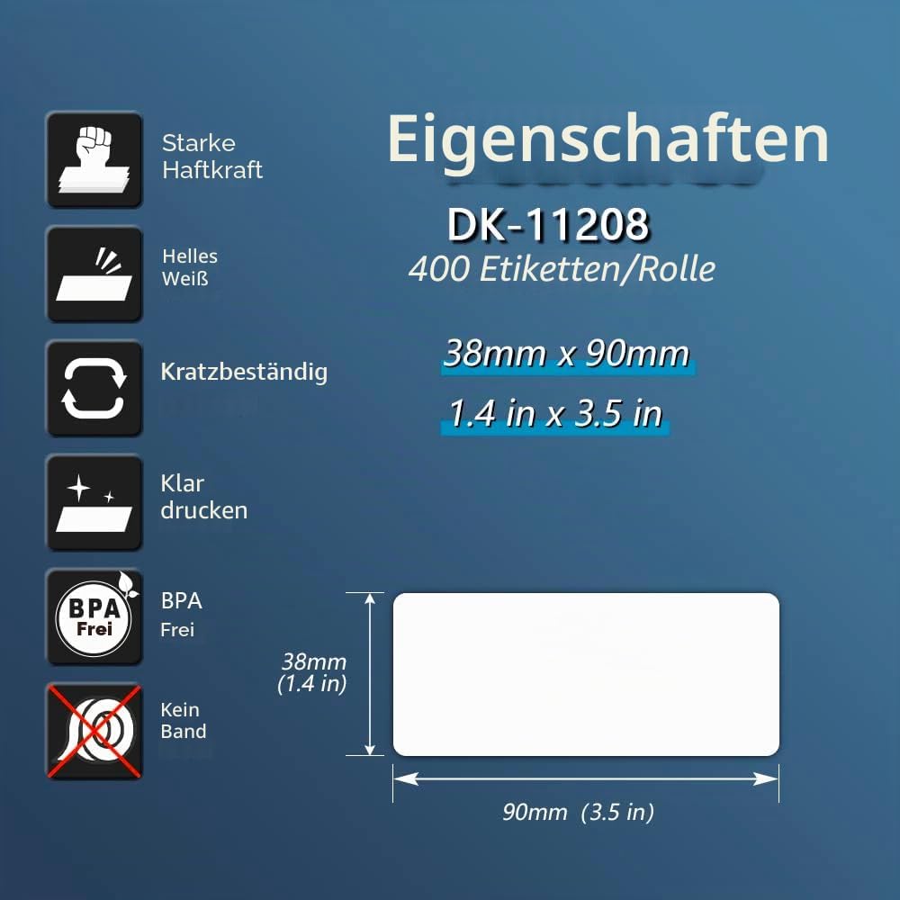 BETCKEY - Kompatible mit Brother DK-11208 Etikettenrollen, 38mm(B) x 90mm(L), grosse Adressetiketten