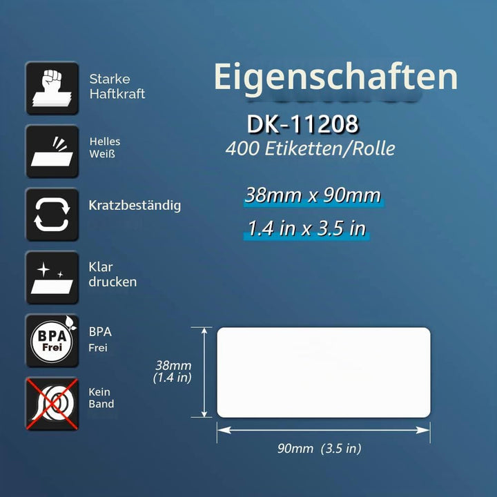 BETCKEY - Kompatible mit Brother DK-11208 Etikettenrollen, 38mm(B) x 90mm(L), grosse Adressetiketten