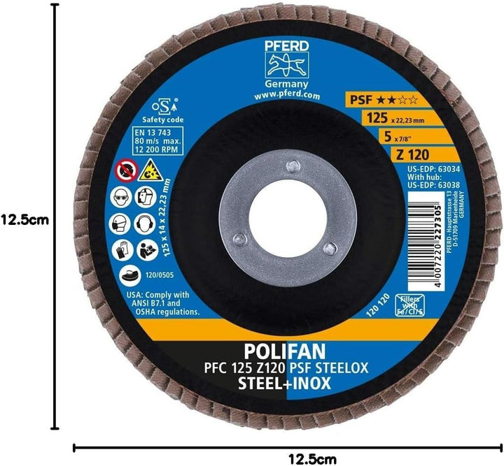 PFERD Fächerscheibe POLIFAN 5 Stück | Ø 125 mm, Z 120, konisch, PSF STEELOX | 69398195 – für Stahl u