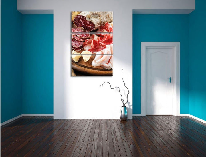 Pixxprint Brotzeit mit Wurst 3-Teiler Leinwandbild 120x80 Bild auf Leinwand