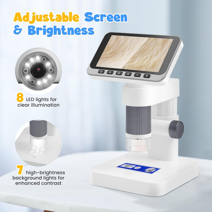 Microscope Numérique 4.5 Inch IPS, 5-1000X Microscope Portable Detachable Pour Enfants 1080P HD Avec