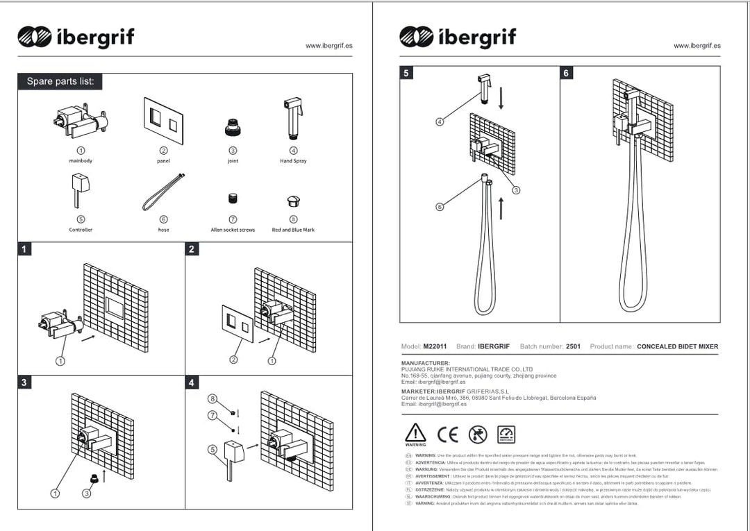 Ibergrif M22011 - Unterputz Eckig WC-Bidet Handbrause Set mit Dusche und Halter, Schlauch, Warmes un