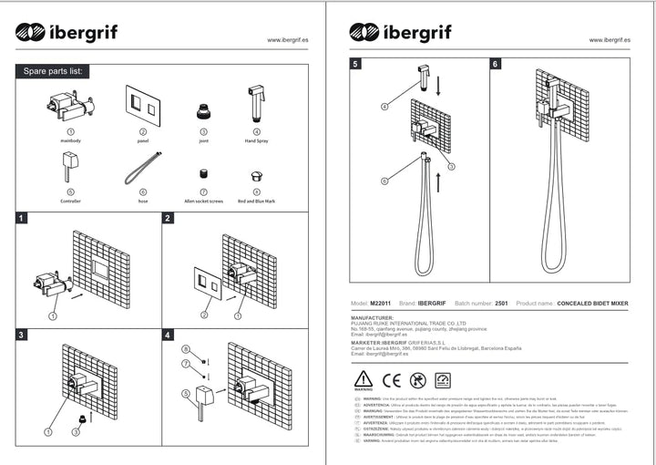 Ibergrif M22011 - Unterputz Eckig WC-Bidet Handbrause Set mit Dusche und Halter, Schlauch, Warmes un