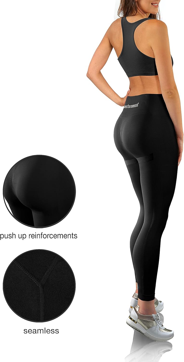 sesto senso Sportzeug Damen Set Fitness Yoga BH + Leggings Nahtlose Sportbekleidung L-XL Schwarz, L-