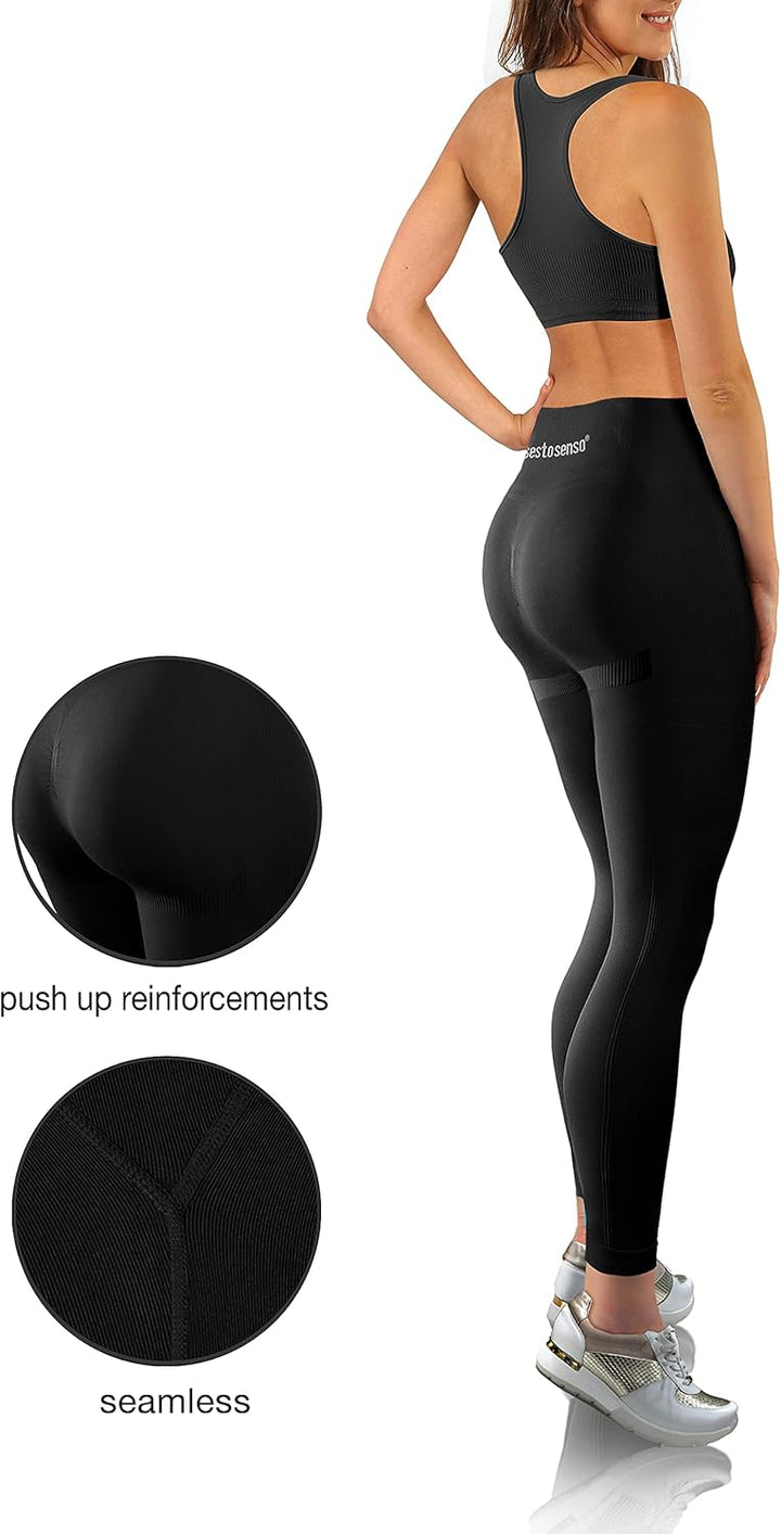 sesto senso Sportzeug Damen Set Fitness Yoga BH + Leggings Nahtlose Sportbekleidung L-XL Schwarz, L-