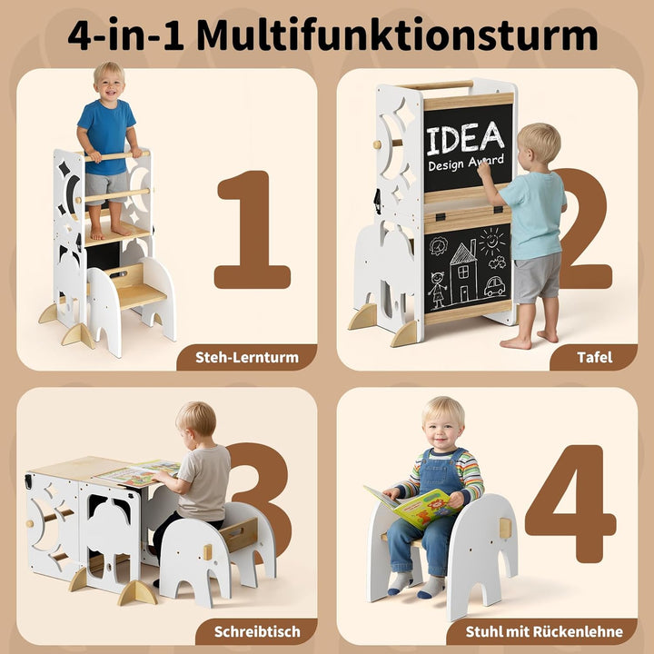 COSYLAND Lernturm ab 1 Jahr, klappbar – 4in1 Lernturm Kinder mit Doppeltafel, Stehhilfe & Schreibtis