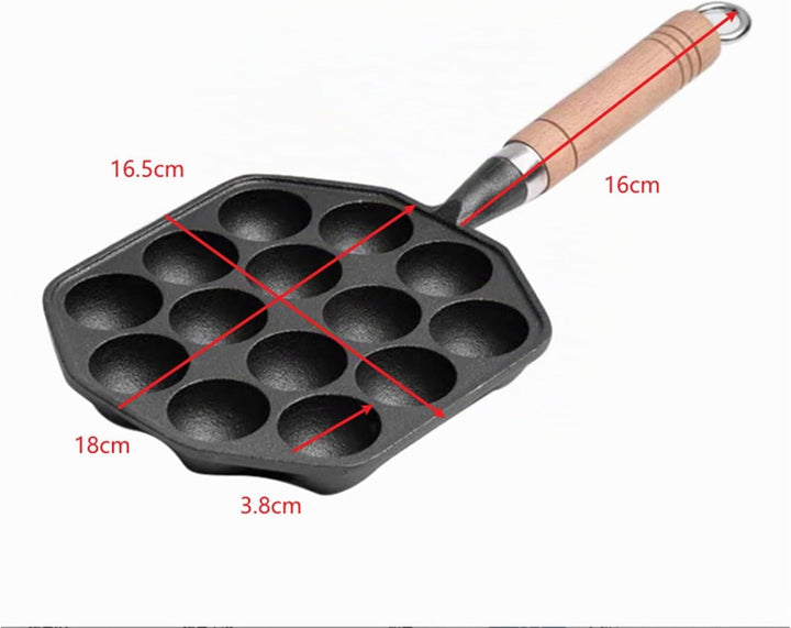 Takoyaki-Pfanne, Japanische Grillpfanne aus Antihaftbeschichtetem Gusseisen mit 14 Löchern und Abneh