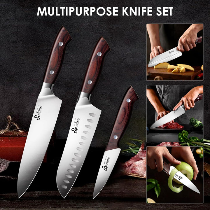 DDF iohEF Küchenmesserset 3 tlg, Messerset Santoku Meser Kochmesser Schälmesser Gemüsemesser Obstmes