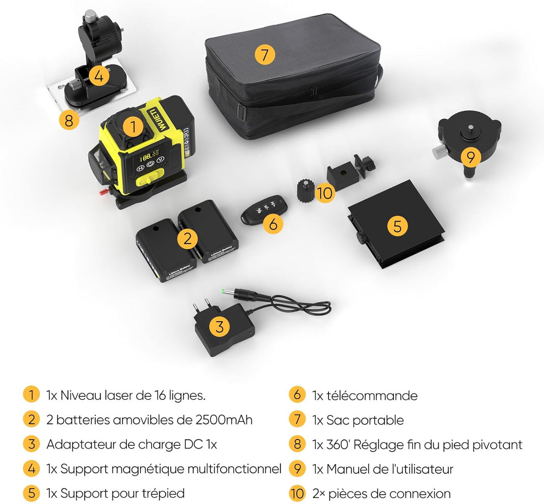Kreuzlinienlaser 16-Linien, 4x360 Grad Grün Selbstnivellierend Laser Wasserwaage mit 2xBatterien 4D-