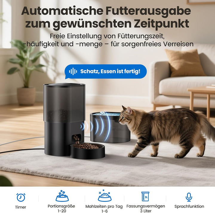 3L Automatischer Katzenfutterspender 2,5L Katzenbrunnen-Set, geräuscharmes App-gesteuertes Fernfütte