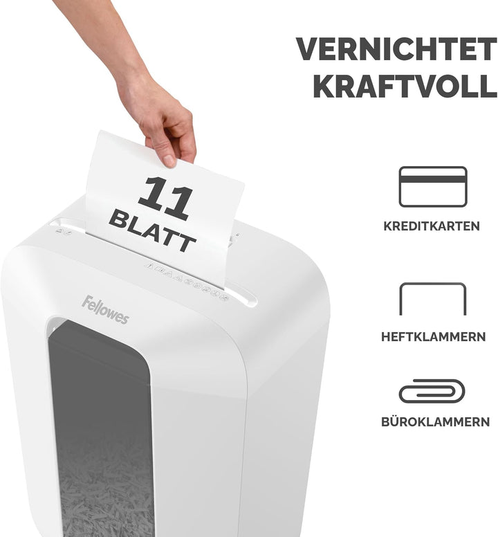 Fellowes Aktenvernichter 11 Blatt (P4), Papierschredder mit Partikelschnitt für Homeoffice und Büro,