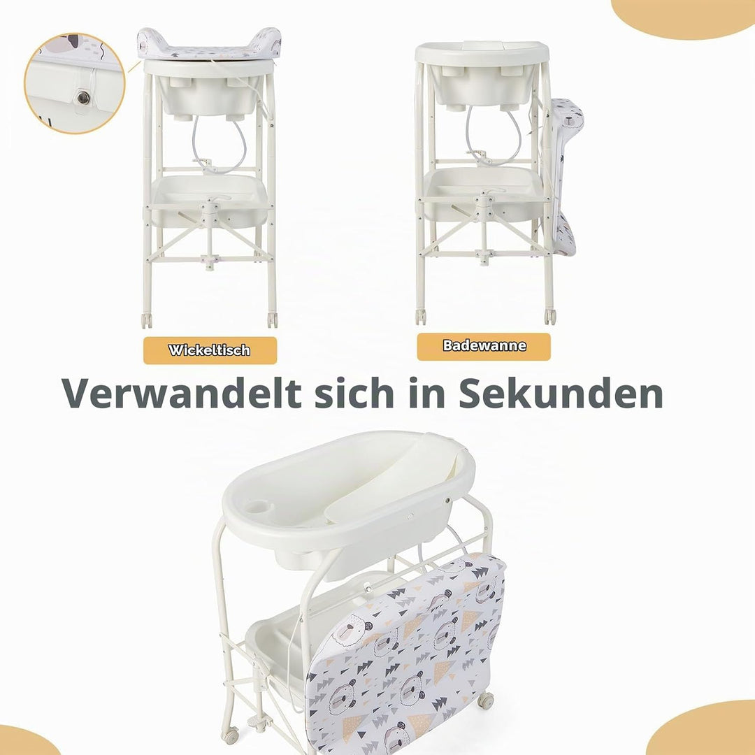 LIFEZEAL Wickeltisch mit Badewanne, 2 in 1 Flatbare Bade-Wickelkombination auf Räder, Badewannenaufs