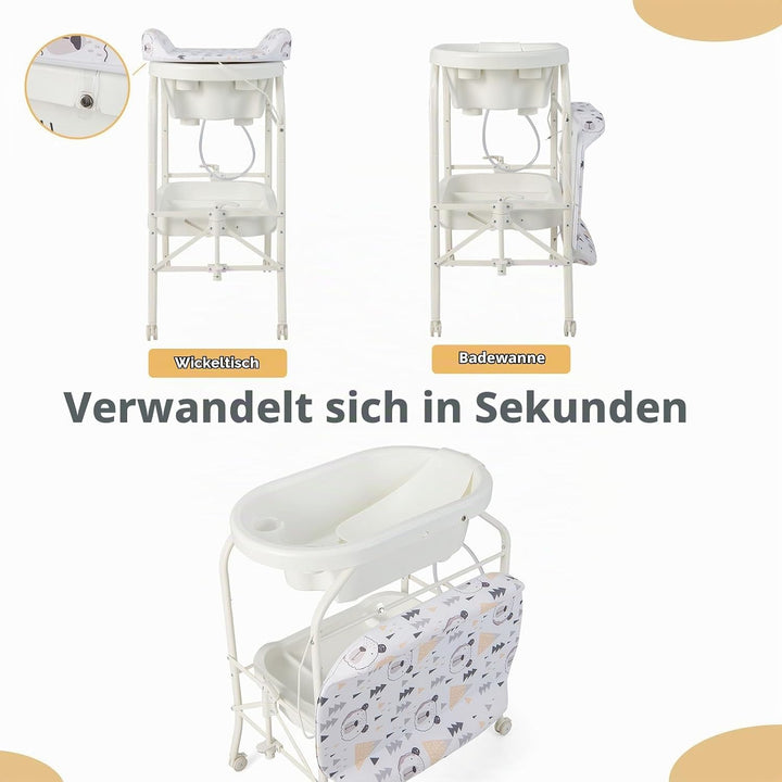 LIFEZEAL Wickeltisch mit Badewanne, 2 in 1 Flatbare Bade-Wickelkombination auf Räder, Badewannenaufs