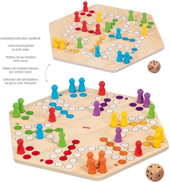 goki 56298 – Ludo für bis zu 6 Spieler aus Holz – Gesellschaftsspiel im XL-Format, Durchmesser ca. 3