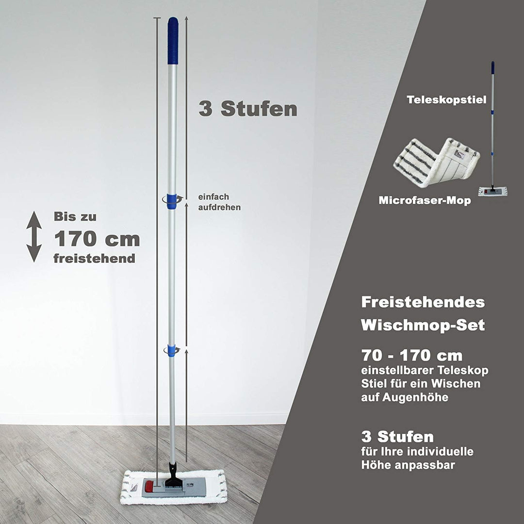 Profi Bodenwischer-Set Dual | Wischmop mit Teleskopstiel 170 cm + Microfaserbezug | frei stehender M