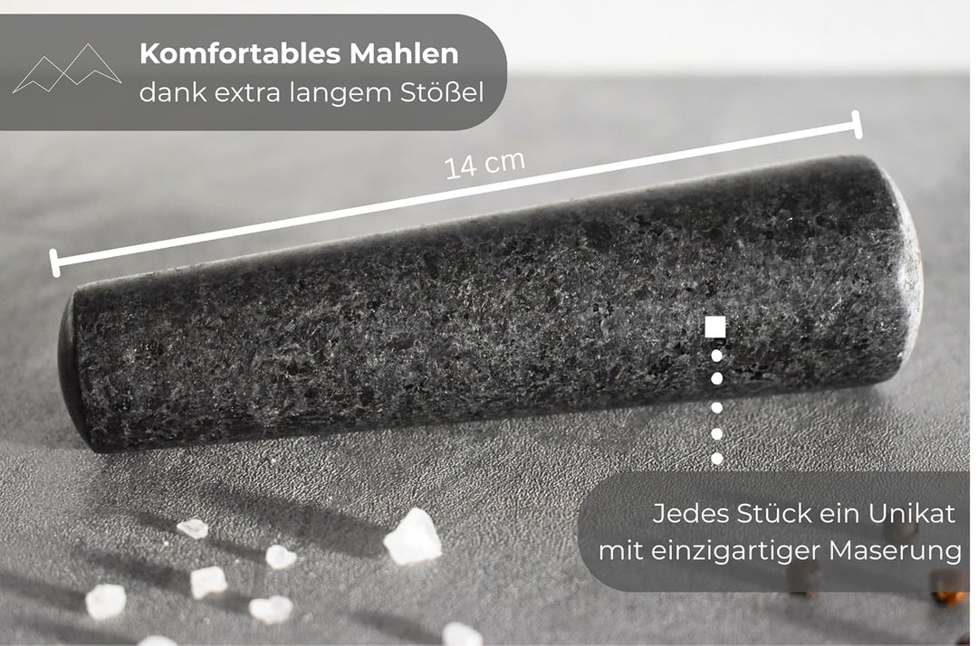 BERGART Mörser mit Stössel – Edler Mörser aus hochwertigem Granit mit extra langem Stössel und stabi
