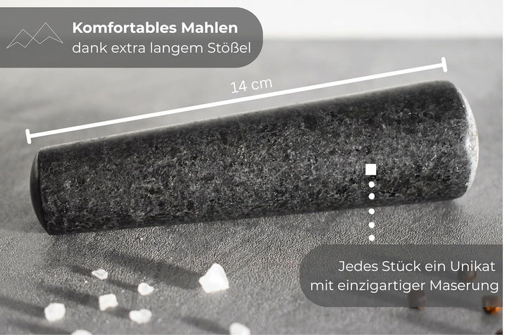 BERGART Mörser mit Stössel – Edler Mörser aus hochwertigem Granit mit extra langem Stössel und stabi