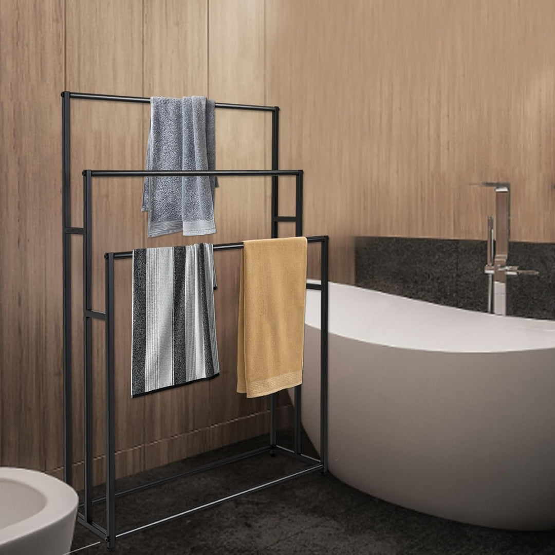 Handtuchhalter Stehend Schwarz mit 3 Stangen, Handtuchständer, für Balkone