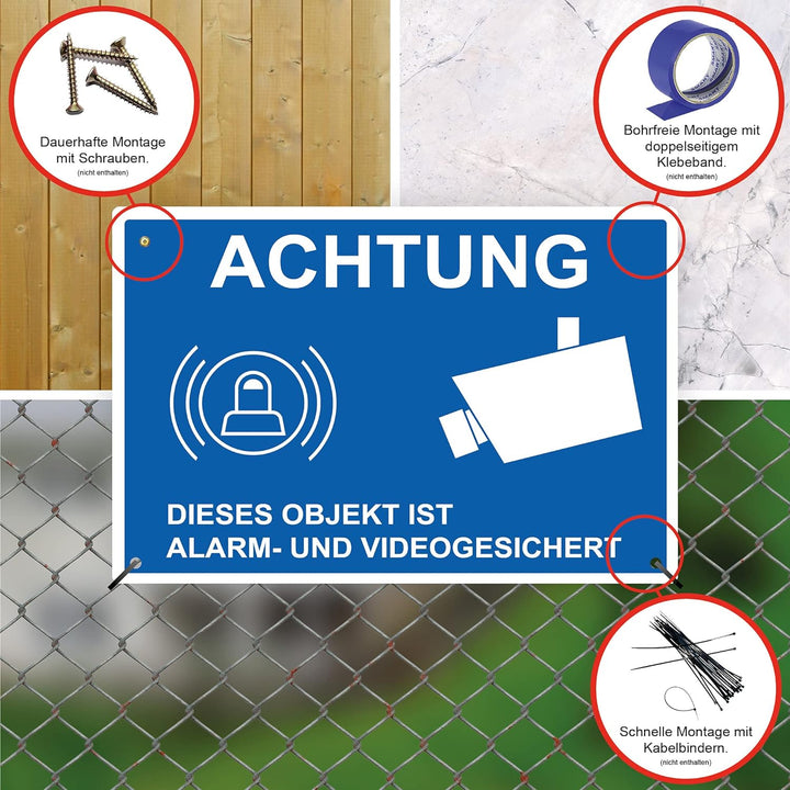 5 Stück Achtung dieses Objekt ist Alarm und Videogesicht Schild 20 x 30 cm aus stabiler PVC Hartscha
