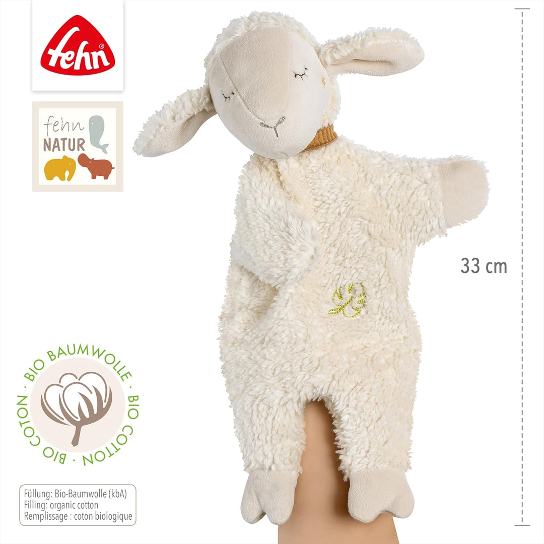 Fehn Handpuppe Schaf NATUR – Spielkamerad, Einschlafhilfe, Handpuppe & Stofftier-Schnuffeltuch mit B