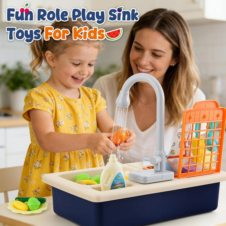 Mini Tudou Kinderwaschbecken Spielzeug,Spielspüle Spielzeug mit Automatischem Wasserzyklus-System, E