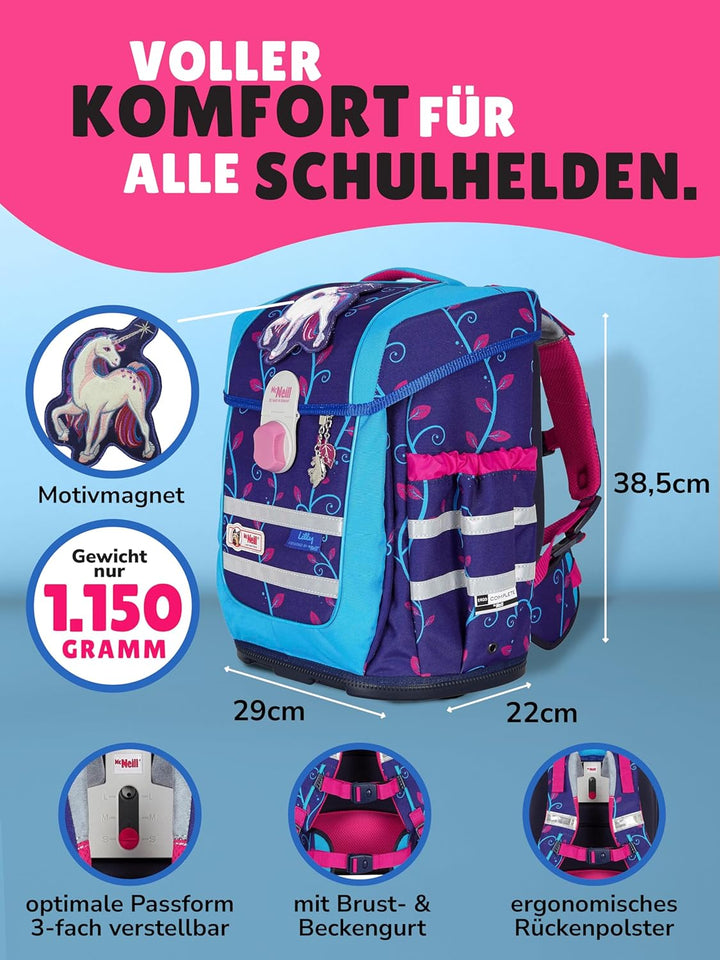 Familando - McNeill Ergo Complete Schulranzen Set - 12-teilig - Lilly Einhorn/Unicorn - Ergonomisch