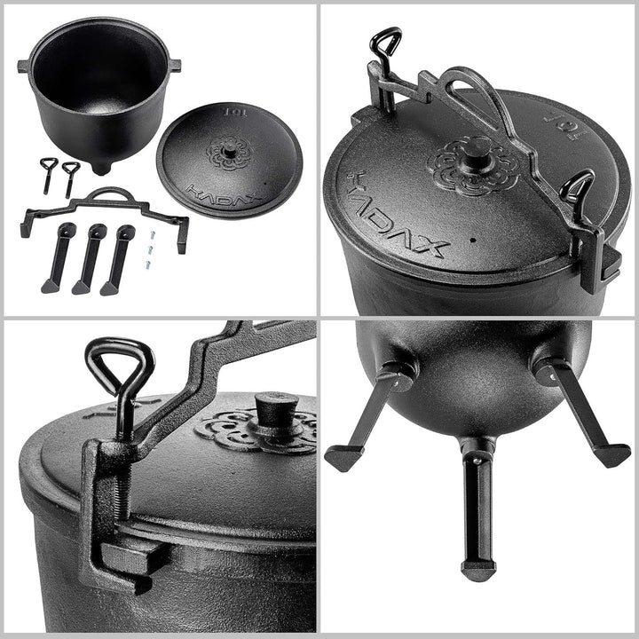 KADAX Jagdkessel 10L, Gusseisen Kochtopf mit Füssen, Schmortopf aus Gusseisen, Dutch Oven für Garten