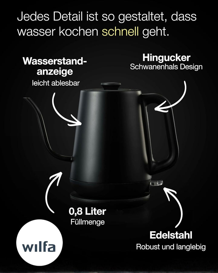 Wilfa SVART POUR Wasserkocher - mit einem Fassungsvermögen von 0,8 Liter, 1000 Watt, aussenliegende