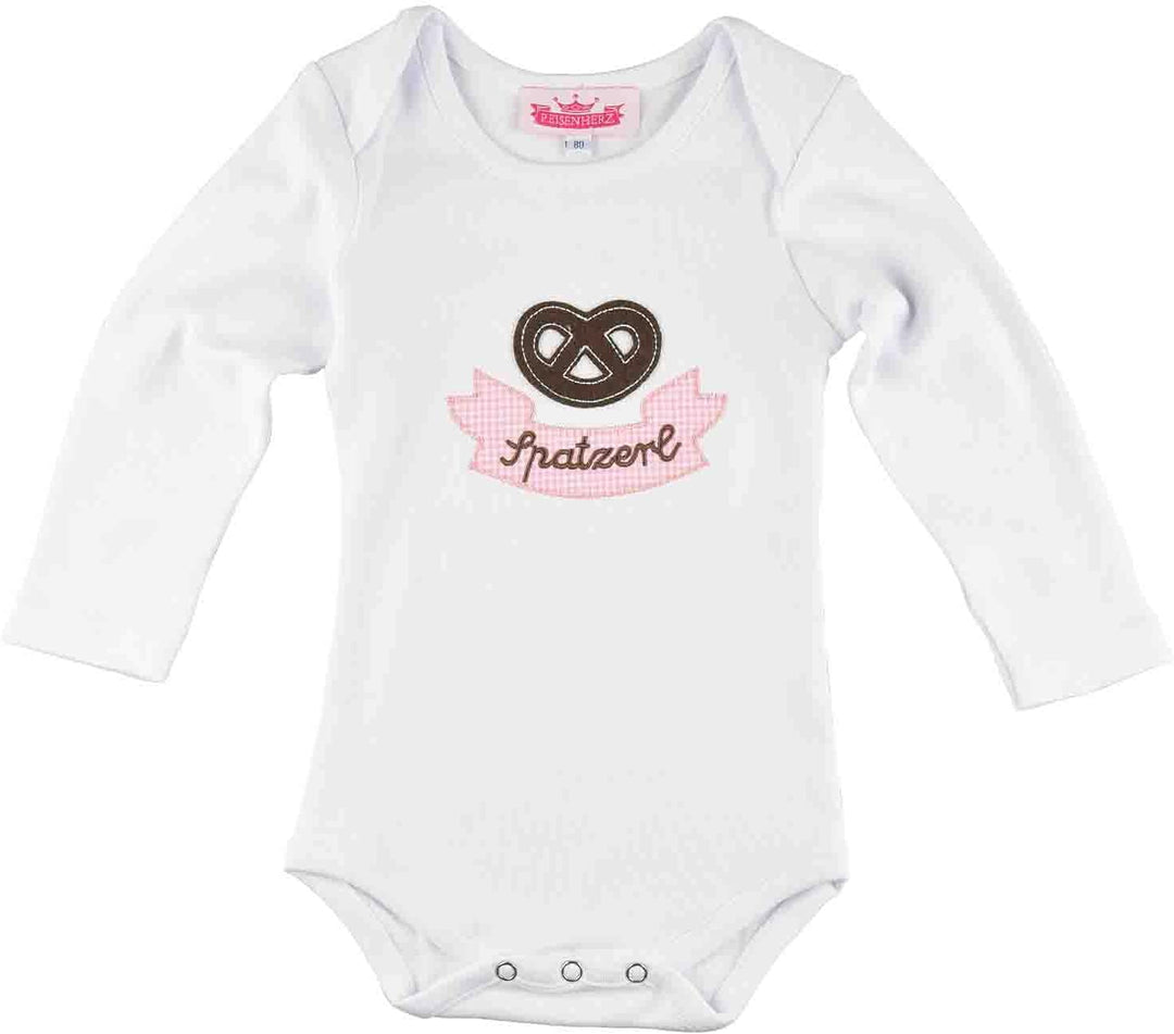 Trachten Set für Mädchen bestehend aus Baby Body mit langem Arm Motiv "Brezel" mit Stickerei "Spatze