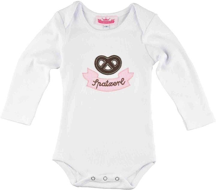 Trachten Set für Mädchen bestehend aus Baby Body mit langem Arm Motiv "Brezel" mit Stickerei "Spatze