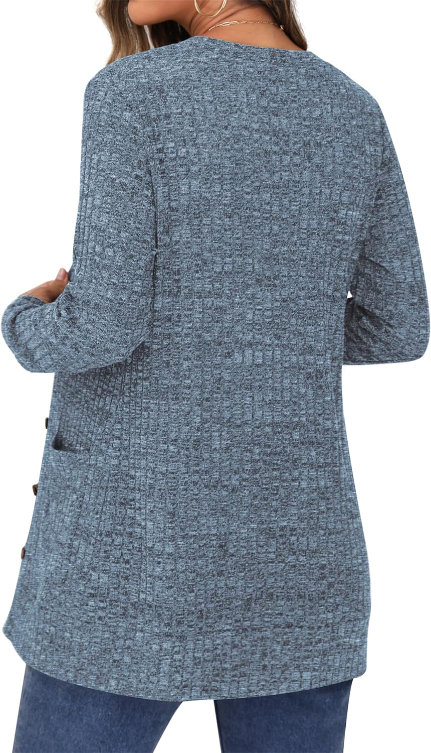 GRECERELLE Damen Leichte Strickjacke Lang mit Taschen und Knöpfen Long Elegant Cardigan V-Ausschnitt