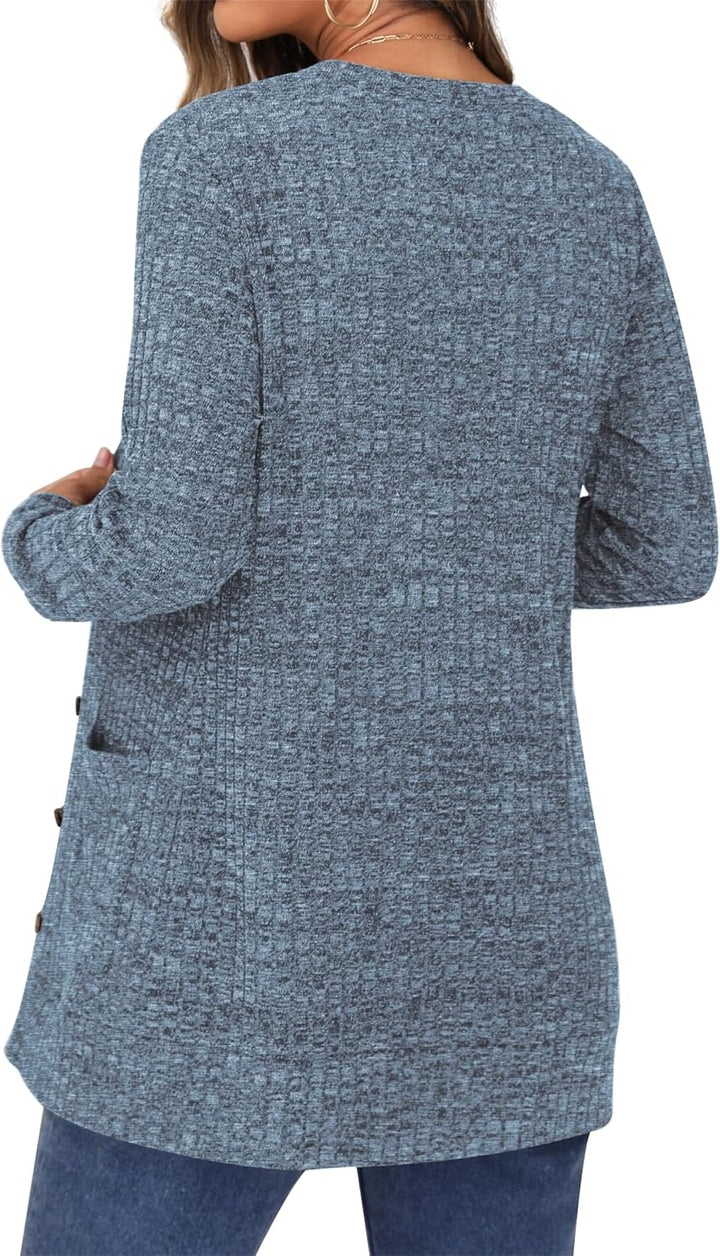 GRECERELLE Damen Leichte Strickjacke Lang mit Taschen und Knöpfen Long Elegant Cardigan V-Ausschnitt