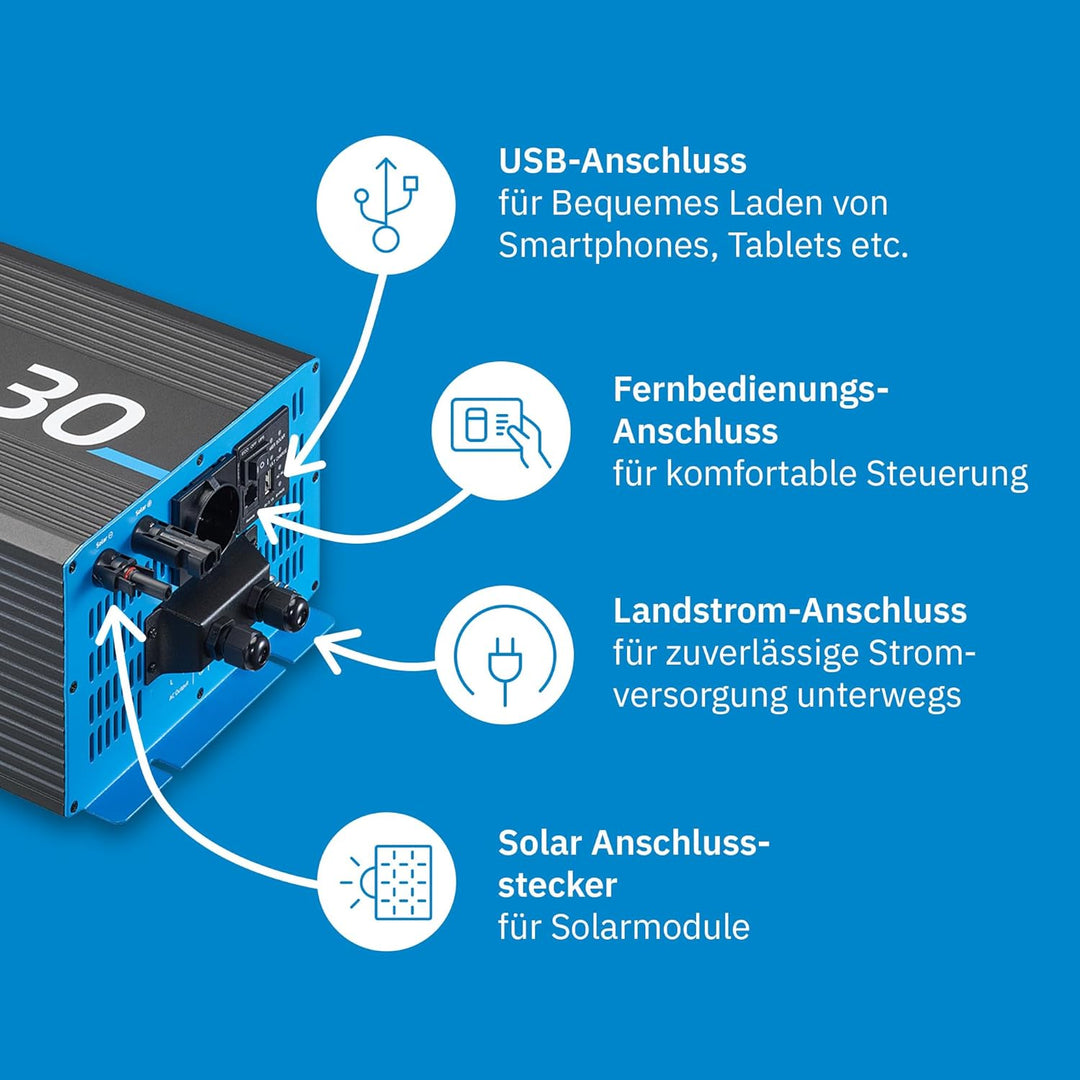 ECTIVE Reiner Sinsus Wechselrichter SSI 30-3000W, 20A, 12V auf 230V, Überlastschutz, Überhitzungssch