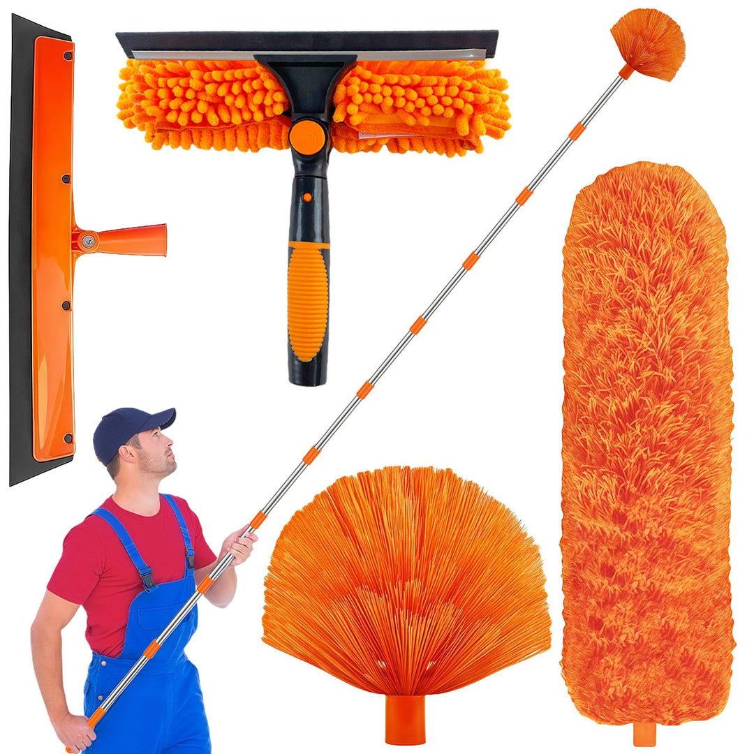 GAESHOW 4M Fensterputzer Set, 4 in 1 Teleskop Fensterwischer mit Abzieher, Staubwedel, Spinnenabzieh