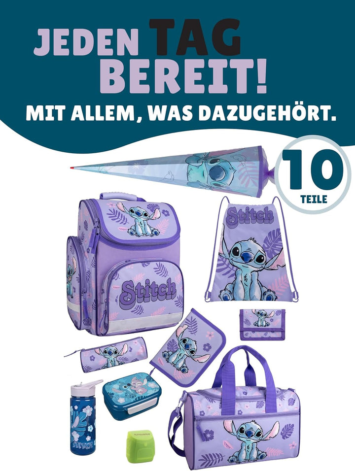 Familando - Schulranzen Set - 10-teilig mit Schultüte - Disneys Lilo und Stitch - Ergonomisch, stabi
