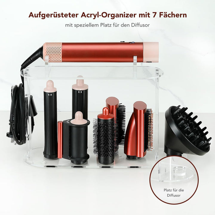 Acryl Organizer für Dyson Airwrap, 7 Fächer für Aufsätze & Diffusor, platzsparender Aufbewahrungshal