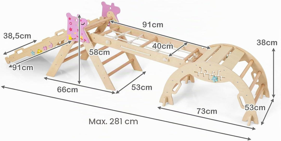 HOMASIS 4 in 1 Kletterdreieck mit Kletternetz, Kletterbogen, Wippe & Leiter, Klettergerüst mit doppe