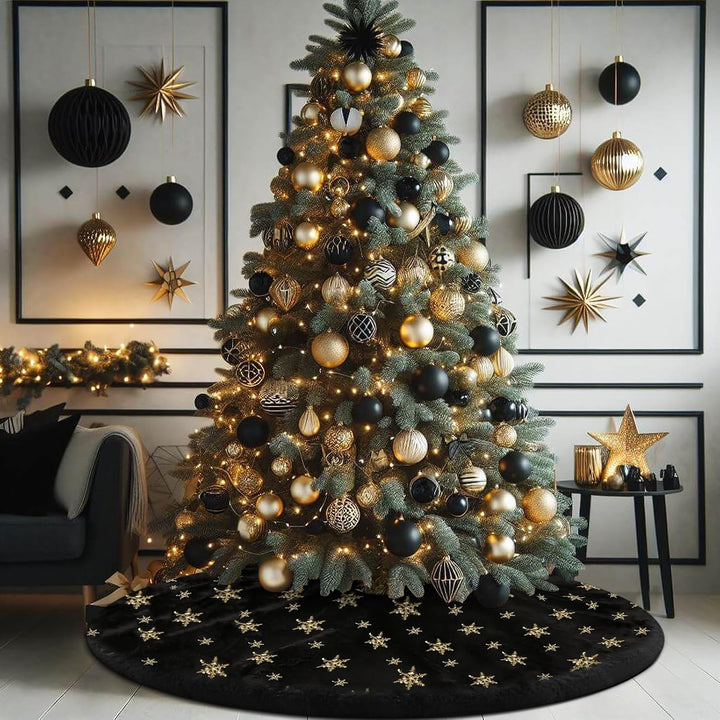 Weihnachtsbaumdecke Schwarz, 120 cm Grosser Weihnachtsbaum Rock Schwarz Kunstpelz mit Silbernen Gold