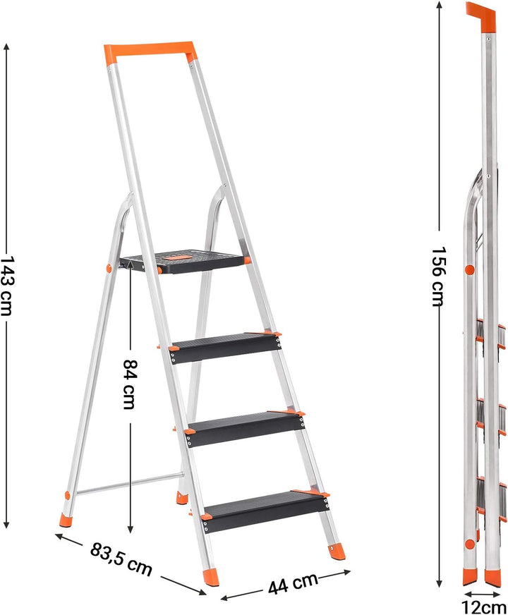 SONGMICS Leiter mit 4 Stufen, Aluleiter, 12 cm breite Stufen mit Riffelung, Anti-Rutsch-Füsse, mit H